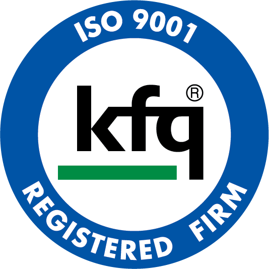 KFQ(한국품질재단) ISO9001(품질경영시스템) 인증마크. REGISTERED FIRM